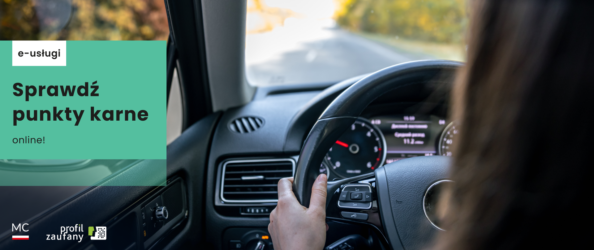e-usługi. Sprawdź punkty karne online! Loga Ministerstwa Cyfryzacji i profilu zaufanego. Kierownica w samochodzie.