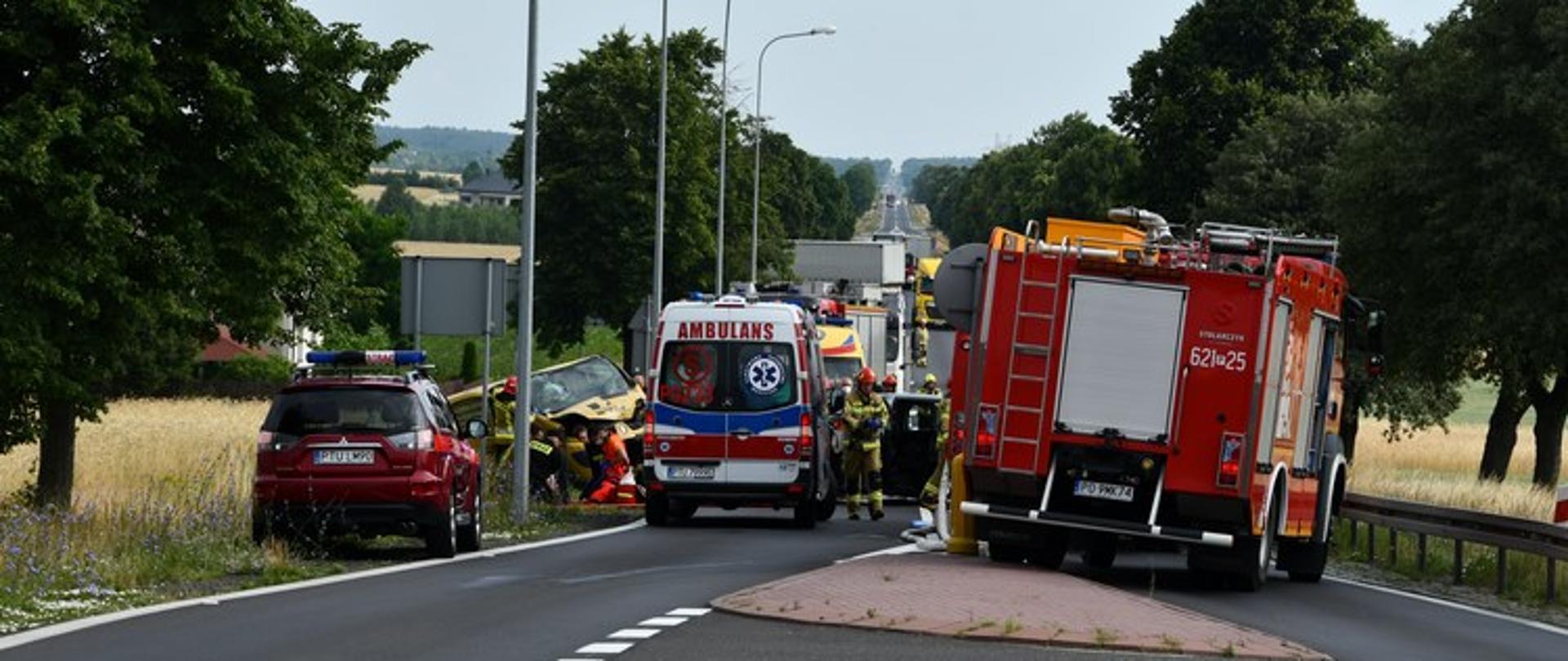 Pojazdy pożarnicze oraz karetka ratunkowa stoją na drodze. W oddali widać samochody uczestniczące w zdarzeniu i wielu strażaków obok nich.
