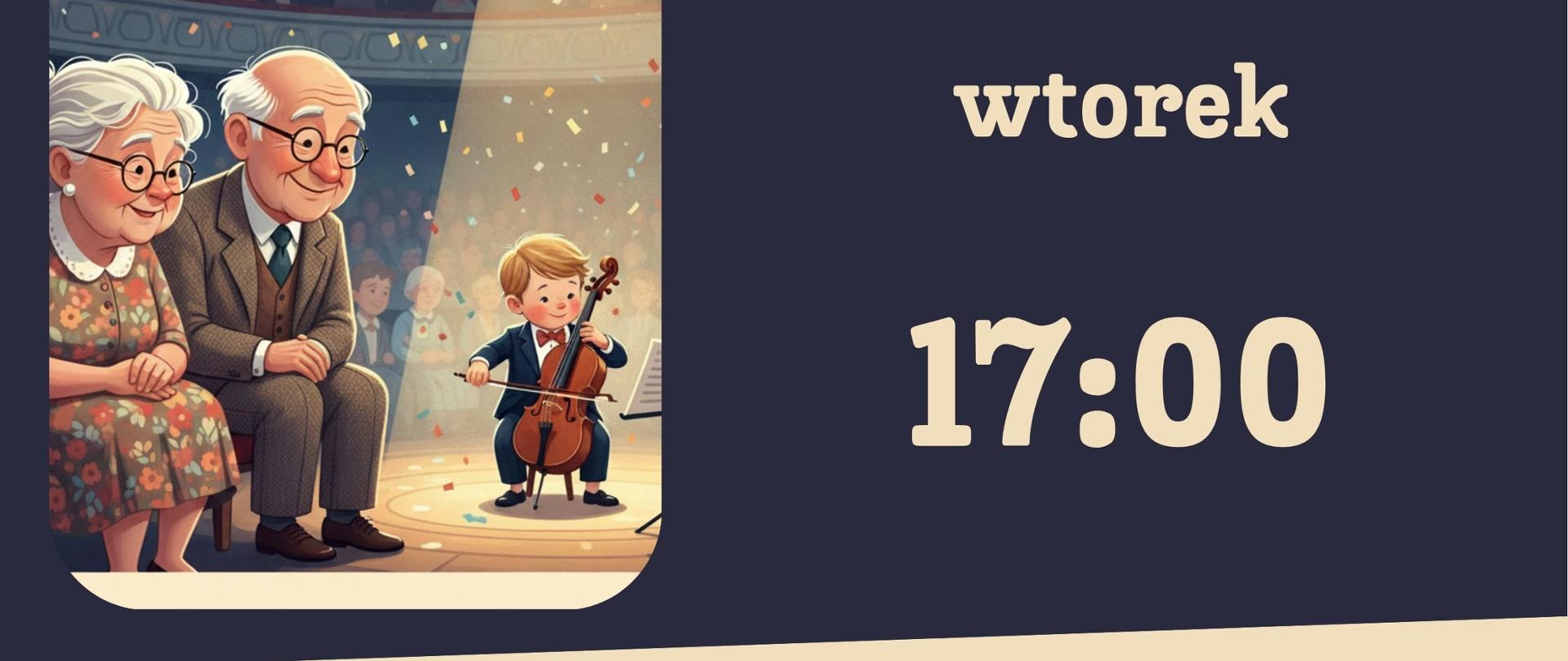 Plakat zapraszający na koncert z okazji Dnia Babci i Dziadka, który odbędzie się 20 stycznia 2026 roku o godzinie 17:00 w sali koncertowej szkoły PSM w Kędzierzynie-Koźlu. Grafika przedstawia uśmiechniętych dziadków oglądających występ wnuka grającego na wiolonczeli w świetle reflektora.