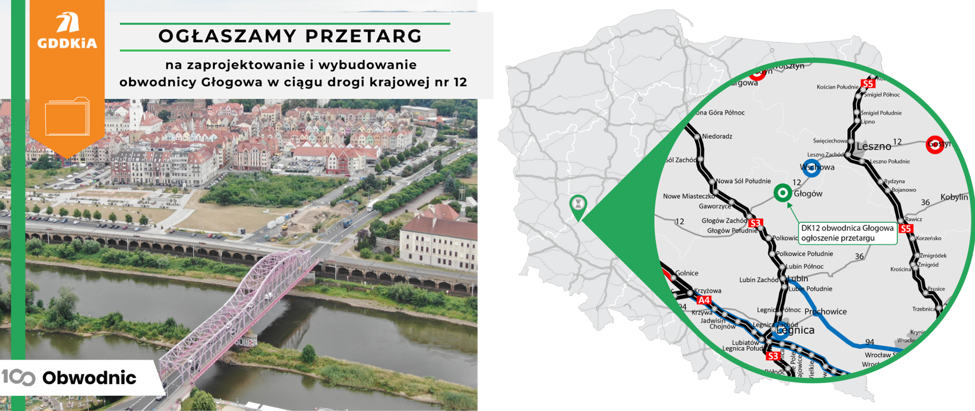 Grafika informująca o ogłoszeniu przetargu na zaprojektowanie i budowę obwodnicy Głowowa w ciągu drogi krajowej nr 12. Na grafice widoczny kontur mapy Polski z zaznaczonym odcinkiem drogi, której dotyczy przetarg. W okręgu zbliżenie na fragment mapy z dokładniejszą siecią dróg krajowych.