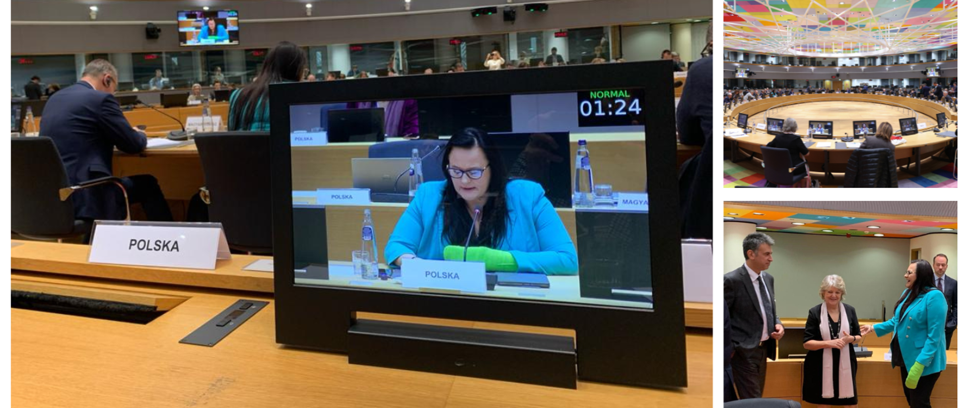 Kolaż trzech zdjęć, na których minister Małgorzata Jarosińska-Jedynak bierze udział obradach Rady Ogólnej UE