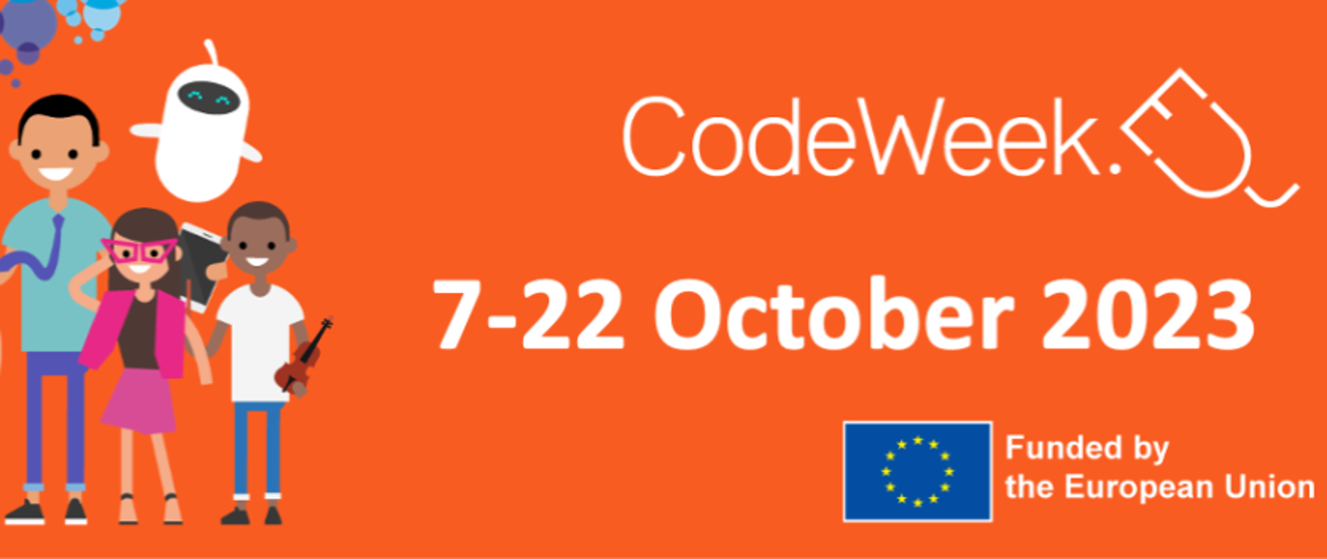 na pomarańczowym tle po lewej grafika dzieci, po prawej napis codeweek 7-22 october 2023 i flaga UE