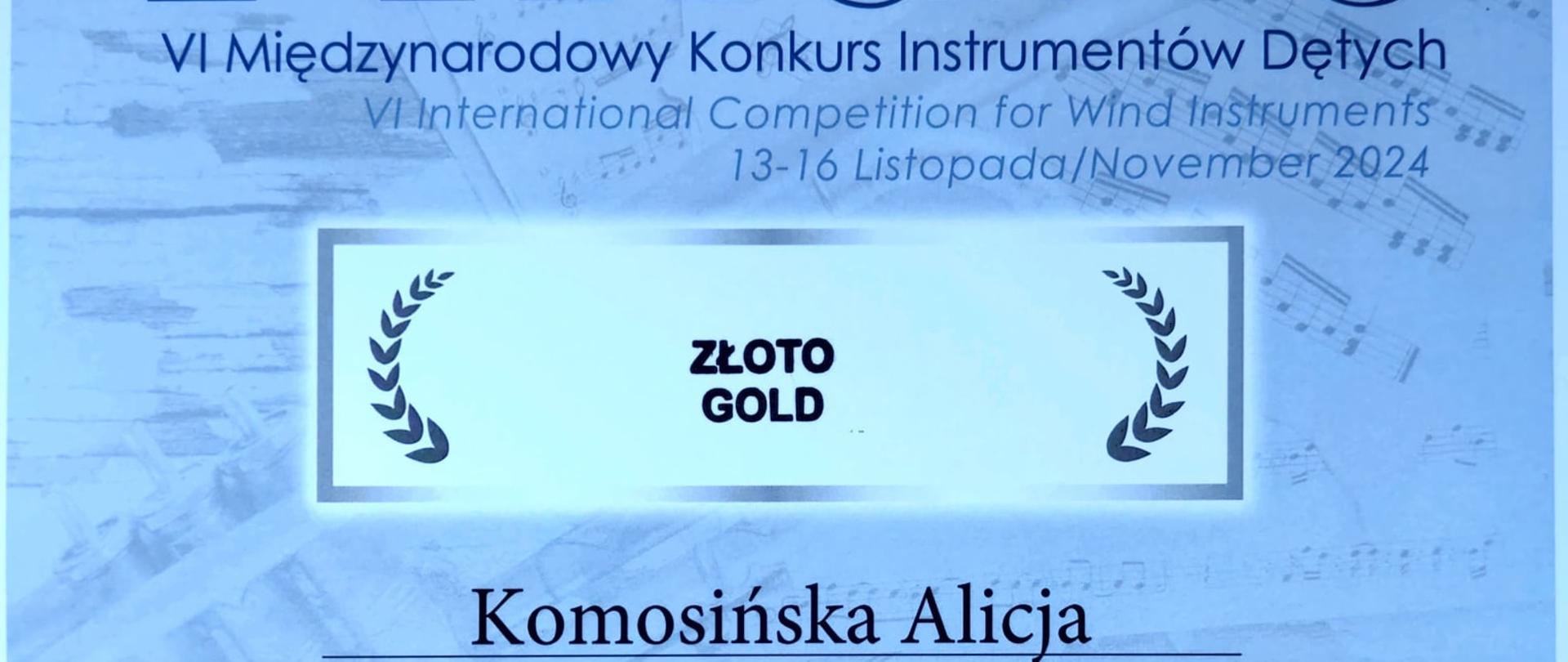 Dyplom w kolorze niebieskim. W nagłówku jest umieszczona nazwa konkursu, poniżej punktacja oraz podpisy jurorów