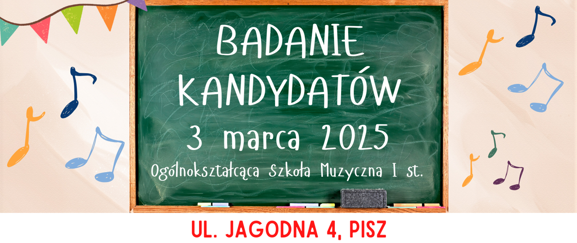 Na kolorowym tle przedstawiającym tablicę szkolną informacja: Badanie kandydatów do OSM I st. w Piszu 03.03.2025r. od godz. 14.00