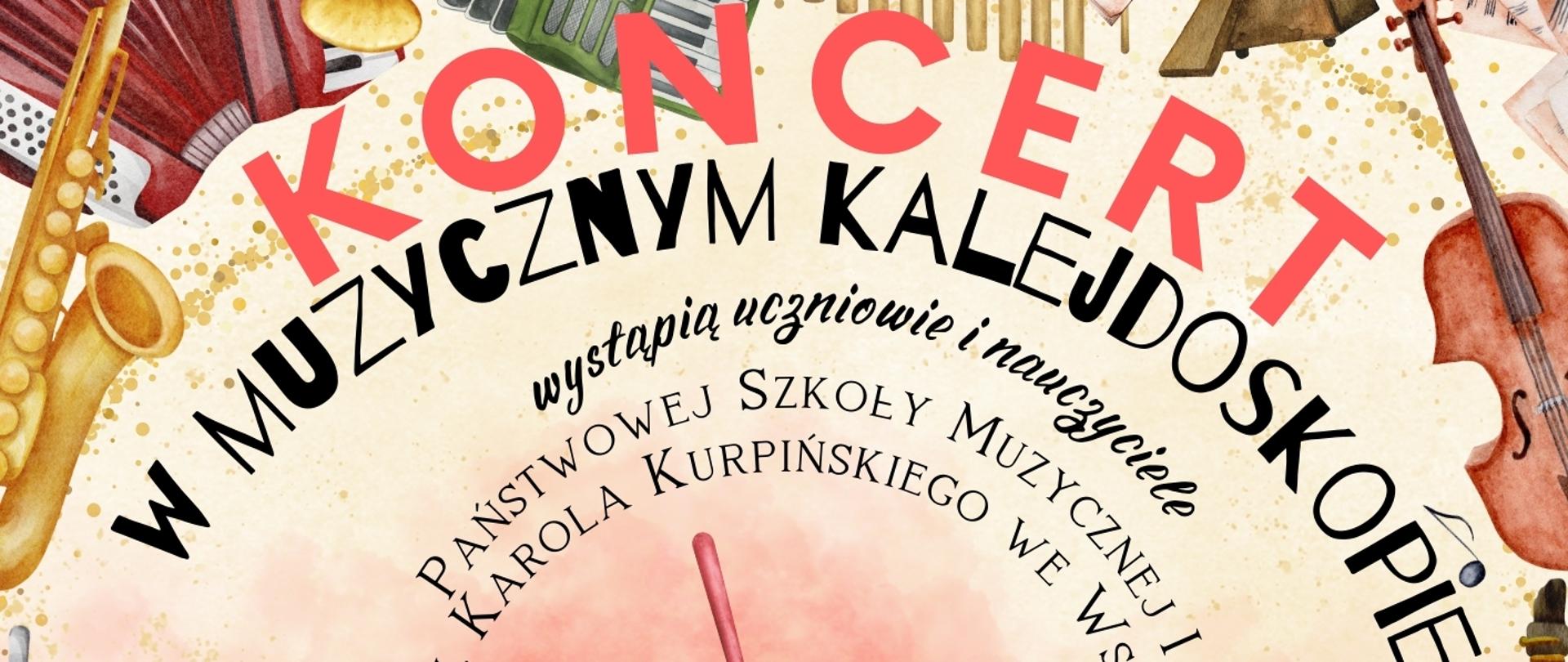 Zawartość, jak w treści. Tekst ułożony w kształcie owalu, dookoła niego kolorowe instrumenty muzyczne.