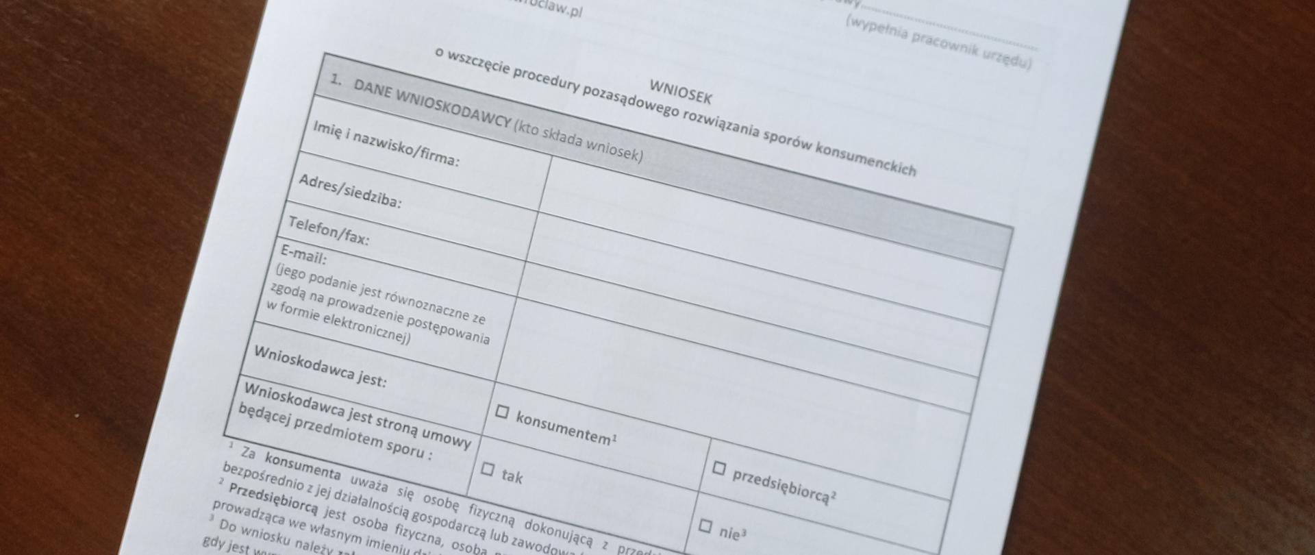 Fragment wniosku o wszczęcie procedury pozasądowego rozwiązania sporów konsumenckich