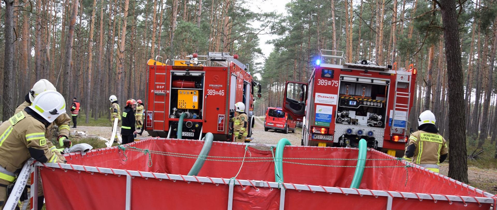 strażacy w lesie przygotowani do prowadzenia działań gaśniczych