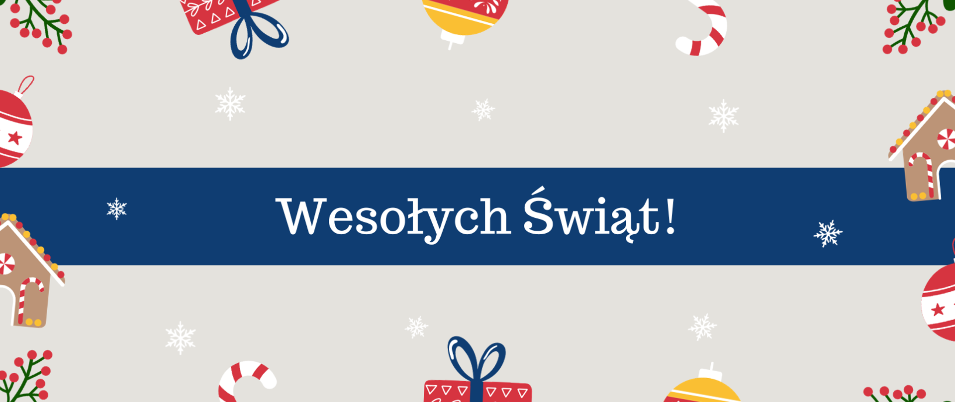 Tekst "Wesołych Świąt' na granatowym pasku. Naokoło świąteczne elementy na szarym tle.