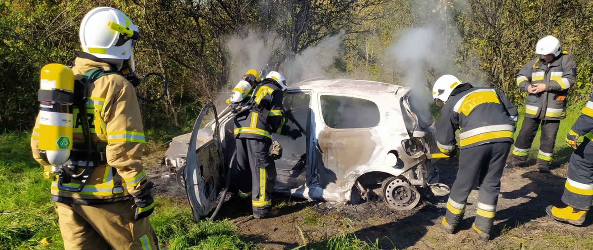 Strażacy gaszą samochód osobowy.