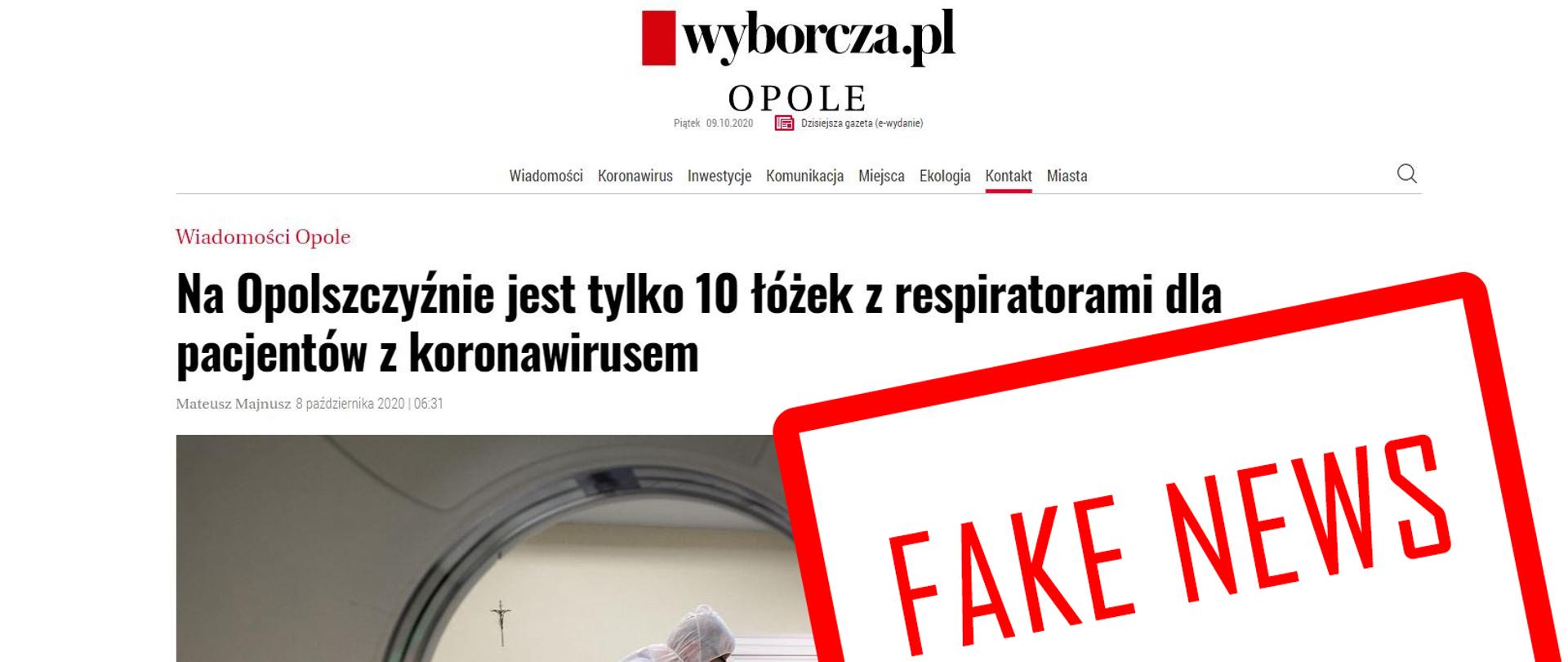 Zdjęcie przedstawia zrzut ekranu z artykułem opublikowanym w serwisie Gazety Wyborczej zawierającym nieprawdziwe informacje dotyczące liczby łóżek respiratorowych na Opolszczyźnie