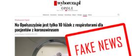 Zdjęcie przedstawia zrzut ekranu z artykułem opublikowanym w serwisie Gazety Wyborczej zawierającym nieprawdziwe informacje dotyczące liczby łóżek respiratorowych na Opolszczyźnie