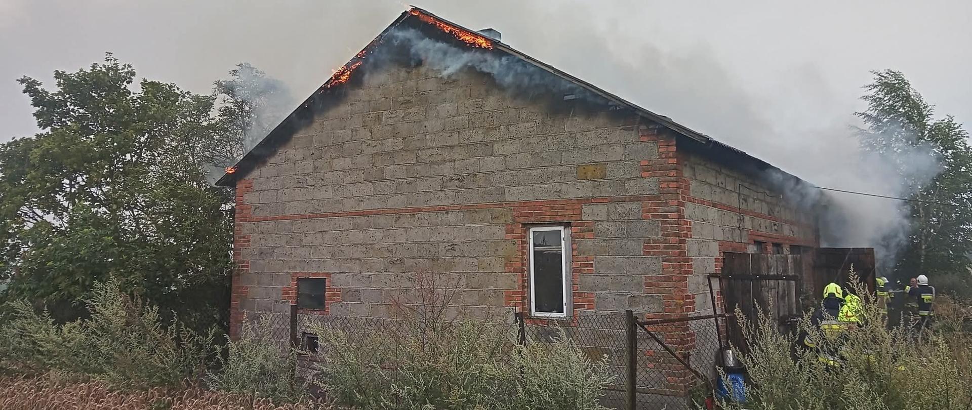 Zdjęcie ukazuje budynek objęty pożarem, z którego dachu wydobywają się płomienie i gęsty dym. Ogień widoczny jest szczególnie wzdłuż kalenicy dachu. Budynek wykonany jest z nieotynkowanych pustaków i cegieł, z widoczną pojedynczą białą ramą okienną. Przed budynkiem znajduje się ogrodzenie z siatki oraz trawa i zboże. W dolnej części kadru widoczne są czerwone węże strażackie. Z prawej strony widać kilku strażaków, którzy prowadzą akcję gaśniczą. Cała scena rozgrywa się wśród pól i zadrzewień. 