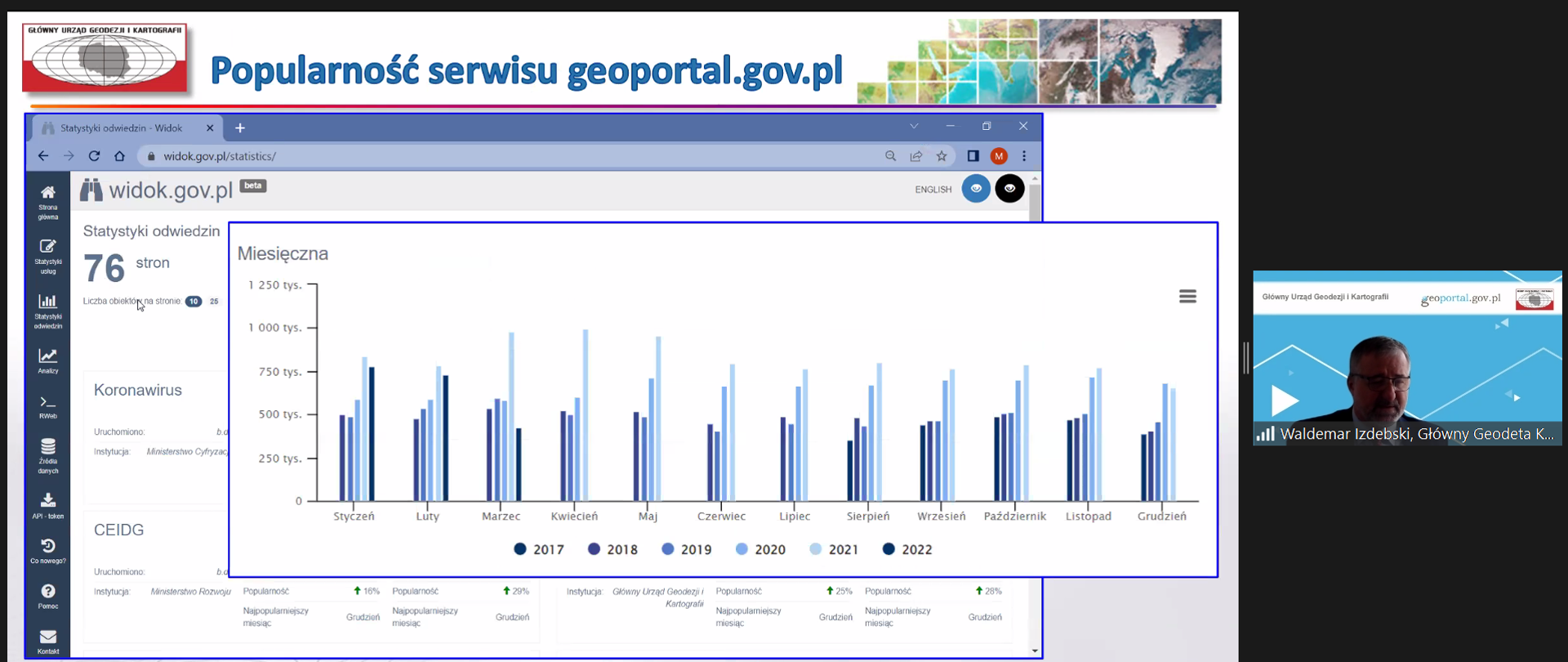 Zrzut ekranu z aplikacji ZOOM z fragmentem prezentacji i prezentera.