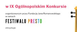 Dyplom wyróżnienia dla Amelii Chwast w dziewiątym ogólnopolskim konkursie w ramach festiwalu Presto dnia dwudziestego szóstego maja dwa tysiące dwudziestego piątego roku w formie online