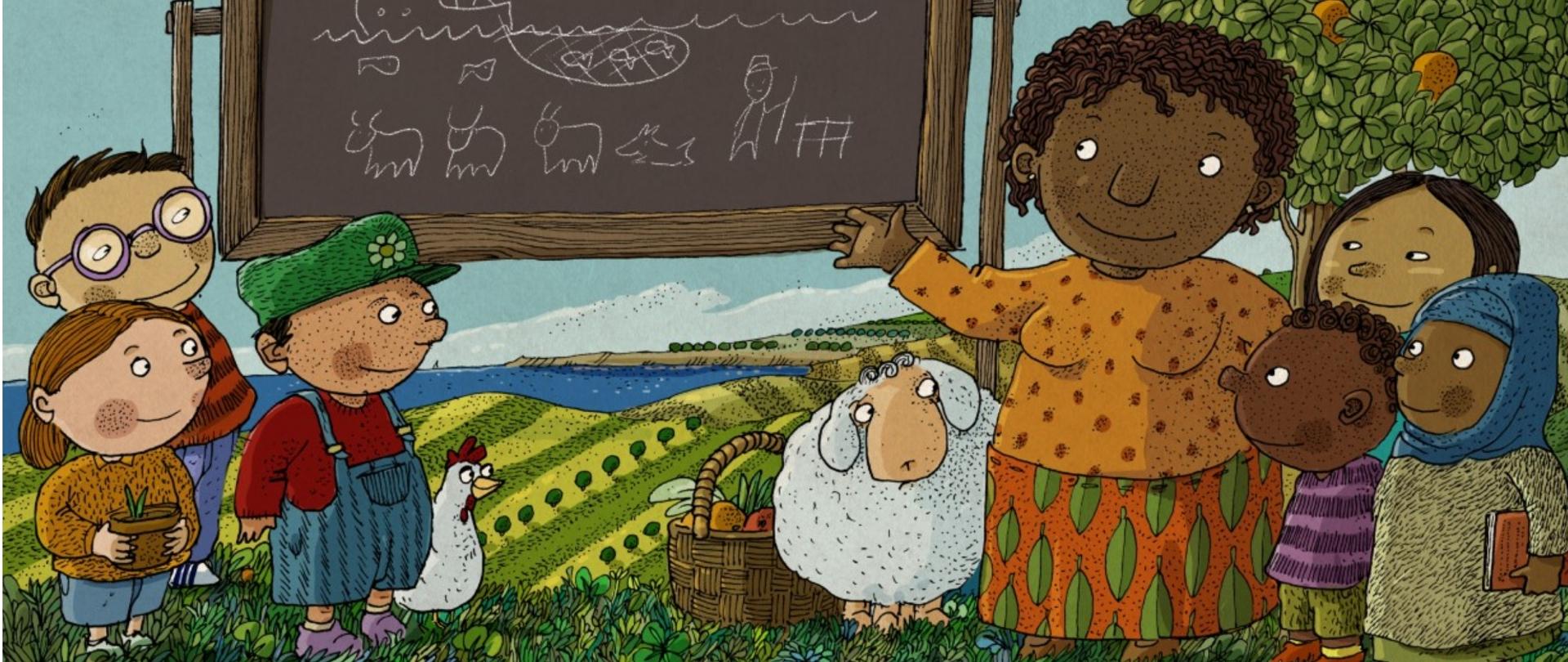 Ilustracja dla dzieci promująca konkurs z okazji Światowego Dnia Żywności 2021. Na grafice znajdują się od lewej - troje dzieci - dziewczynka trzymająca doniczkę z roślinką, dwóch chłopców, kura, wiklinowy kosz z owocami, owca, kobieta, troje dzieci - ciemnoskóry chłopiec, dziewczynka o azjatyckich rysach, dziewczynka w chustką na głowie. W tle tablica z dziecięcymi rysunkami kredą; trzech krów, psa, człowieka i sieci z rybami.