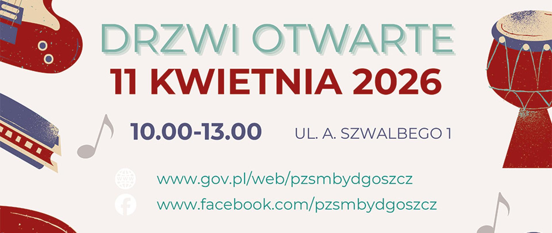 na zdjęciu białe tlo na nim kolorowe instrumenty i iniebieskimi litarami informacja o drzwiach otwartych w szkole
