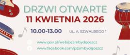 na zdjęciu białe tlo na nim kolorowe instrumenty i iniebieskimi litarami informacja o drzwiach otwartych w szkole
