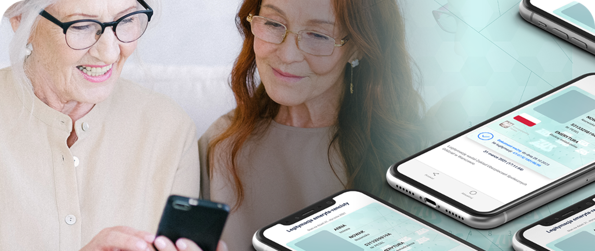 Dwie kobiety w wieku emerytalnym oglądają ekran smartfona (w domyśle na ekranie wyświetlona jest Legitymacja emeryta-rencisty). Na obraz nałożona jest wizualizacja dokumentu.