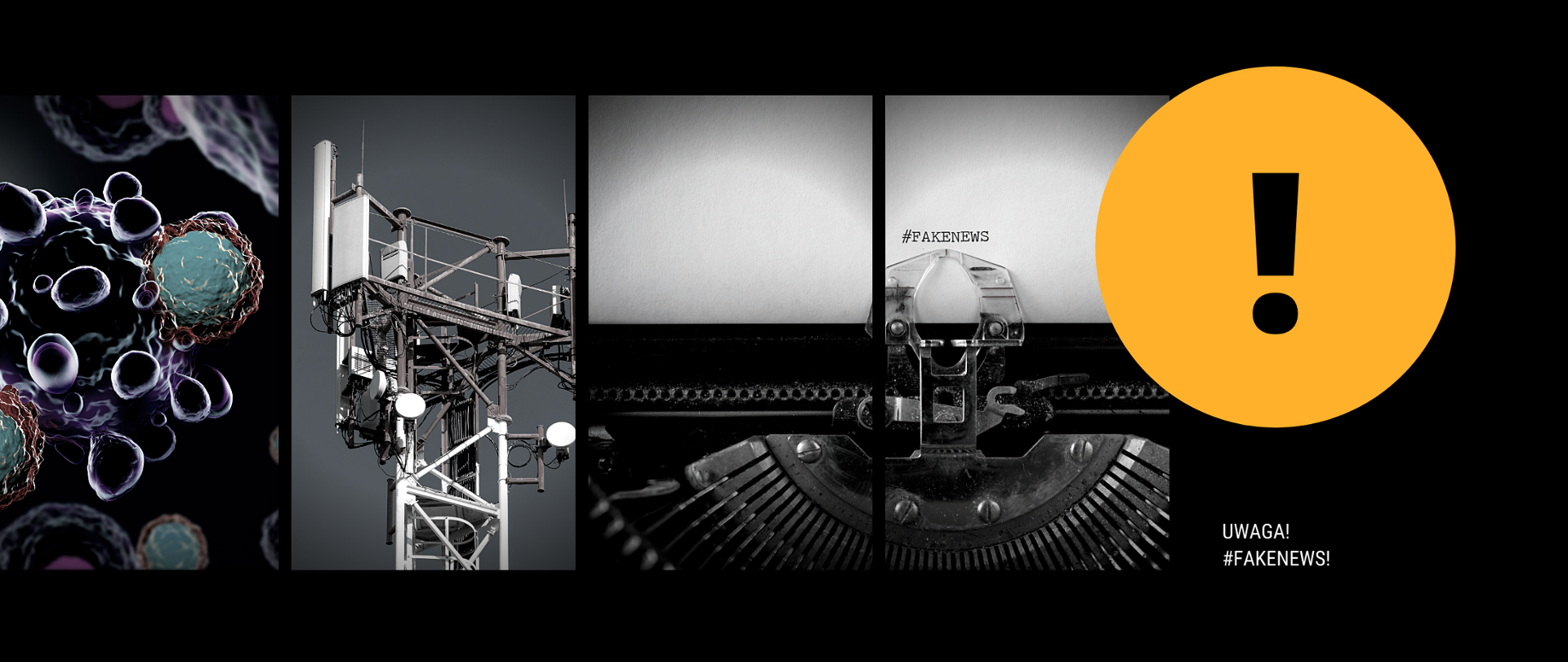 Kolaż zdjęć - komórka rakowa, masz BTS oraz maszyna do pisania i napis "Fake News"
