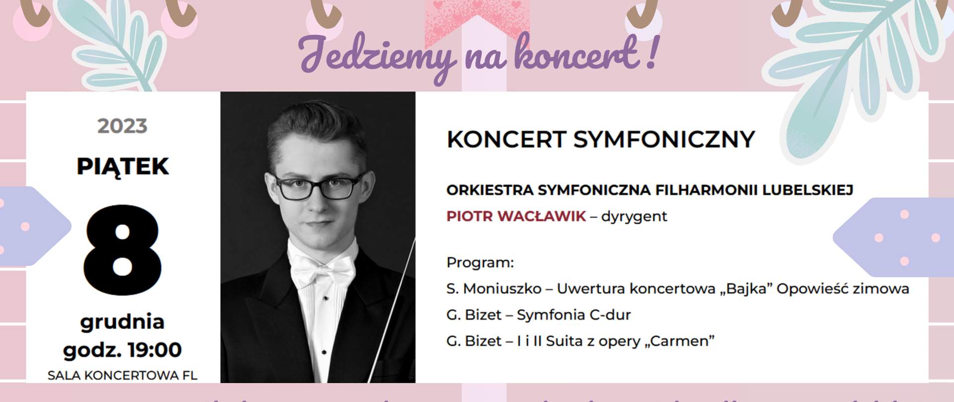 Plakat w różnych odcieniach fioletu przedstawiający szczegóły wyjazdu