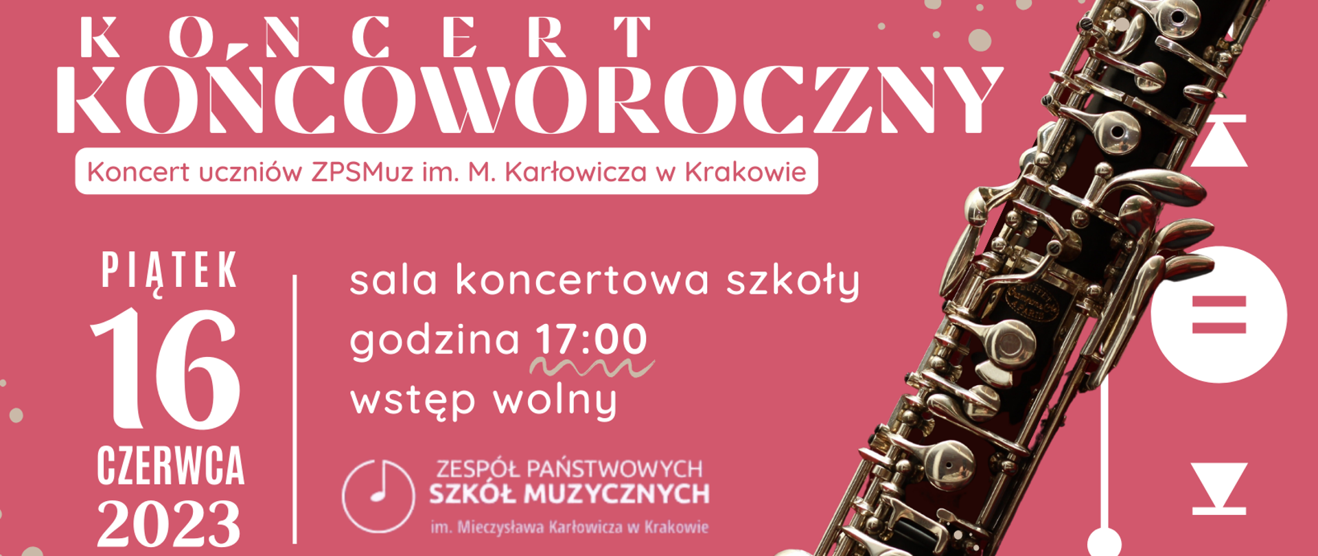 Plakat koncertu końcoworocznego. Wydarzenie odbędzie się 16 czerwca o 19:00 w sali koncertowej szkoły.