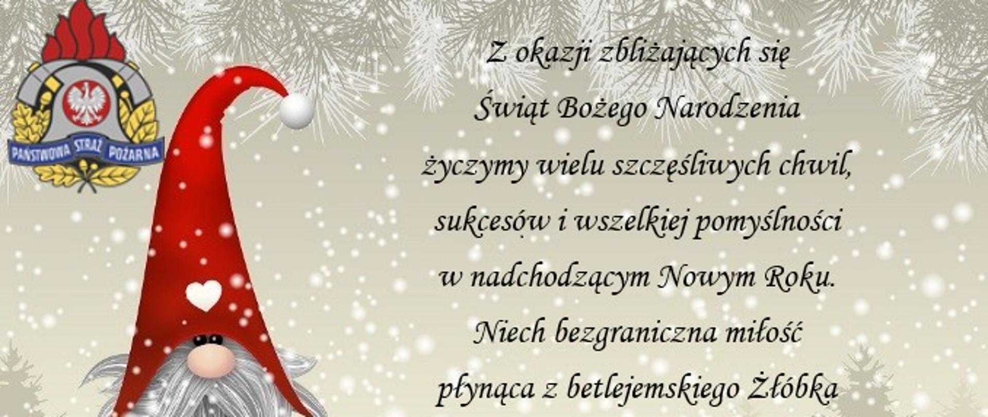 kartka świąteczna z tekstem Z okazji zbliżających się Świąt Bożego Narodzenia życzymy wielu szczęśliwych chwil, sukcesów i wszelkiej pomyślności w nadchodzącym Nowym Roku. Niech bezgraniczna miłość płynąca z betlejemskiego Żłóbka gości każdego dnia we wszystkich sercach. Życzą funkcjonariusze oraz pracownicy cywilni KP PSP w Poddębicach. W lewym rogu logo Państwowej Straży Pożarnej. Po lewej stronie kartki krasnal w czerwonej czapce. W tle pada śnieg.