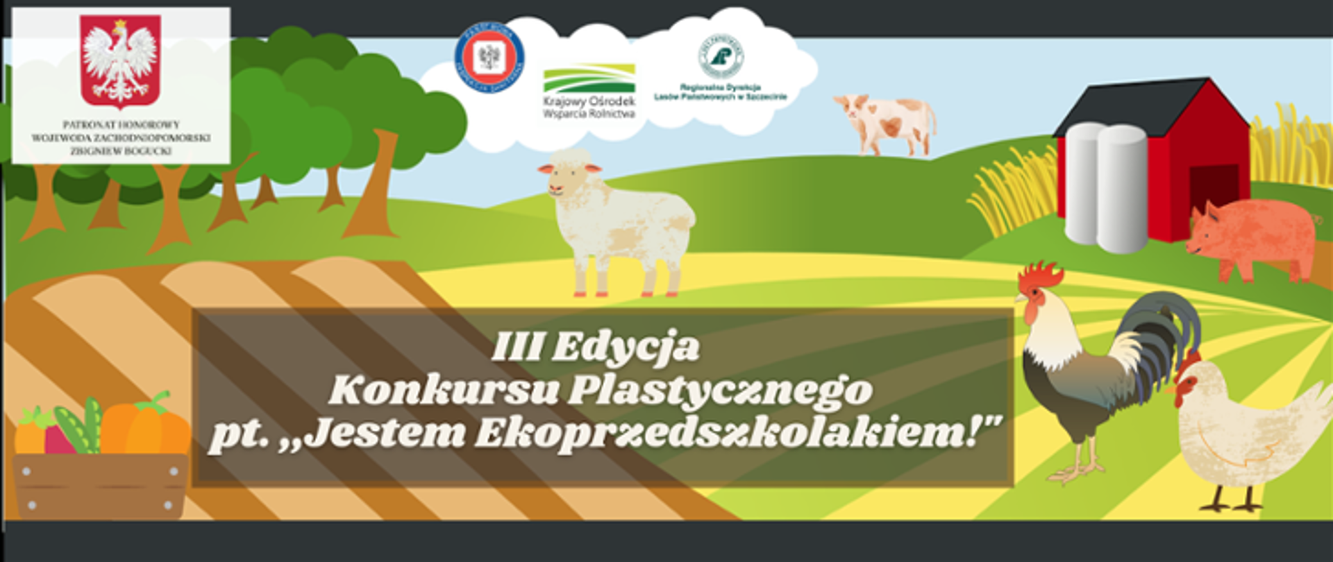 Grafika przedstawia farmę, na której znajdują się zwierzątka: owca, kogut, kura i świnka. Dookoła są pola i grządki, a u dołu po lewej stronie skrzynka z warzywami.