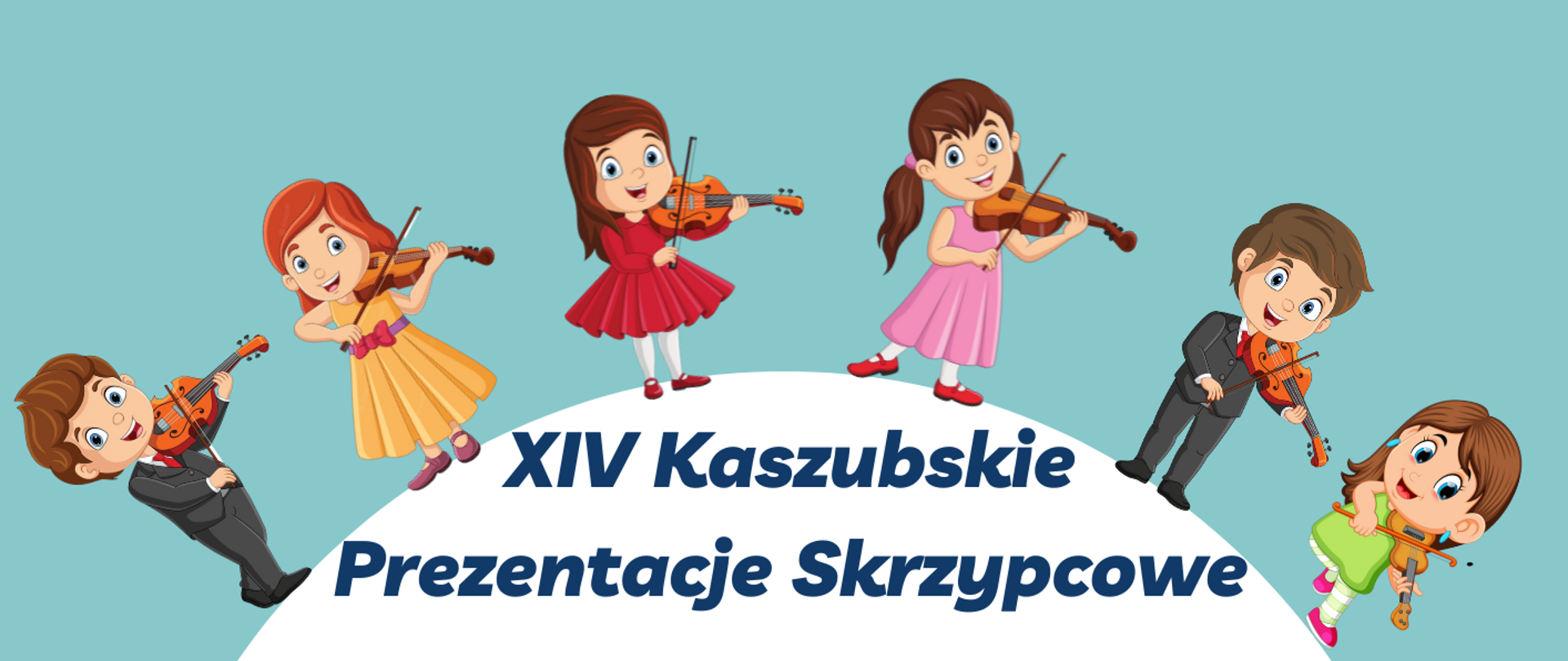 Na białym tle u samej góry morskie tło, a na nim na półkolu obrazki dzieci grających na skrzypcach. W półkolu granatowy napis: "XIV Kaszubskie Prezentacje Skrzypcowe".