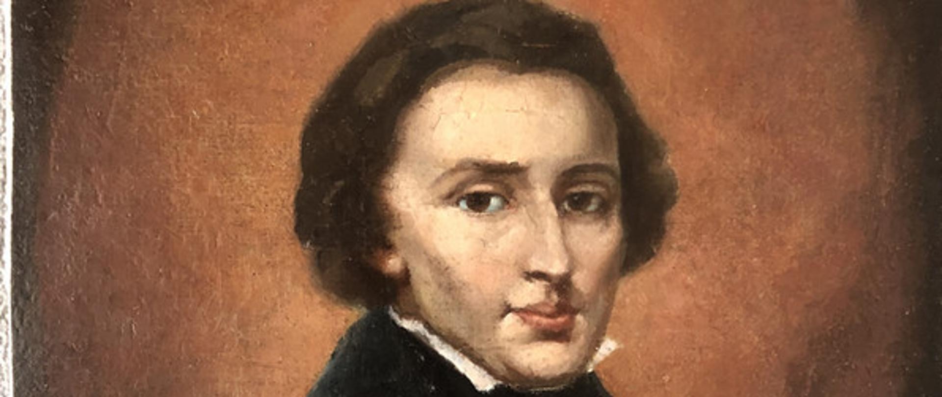 Portret młodego Fryderyka Chopina. Mężczyzna zwrócony jest w stronę widza. Ubrany w ciemny surdut z białą koszulą oraz ciemną chustką, wiązaną z przodu na ozdobny węzeł lub kokardę.