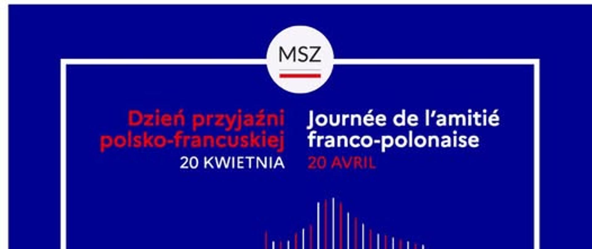 Niebieska plansza z napisem "dzień przyjaźni polsko-francuskiej" i grafiką - konturami granic Polski i Francji, przenikającymi się.