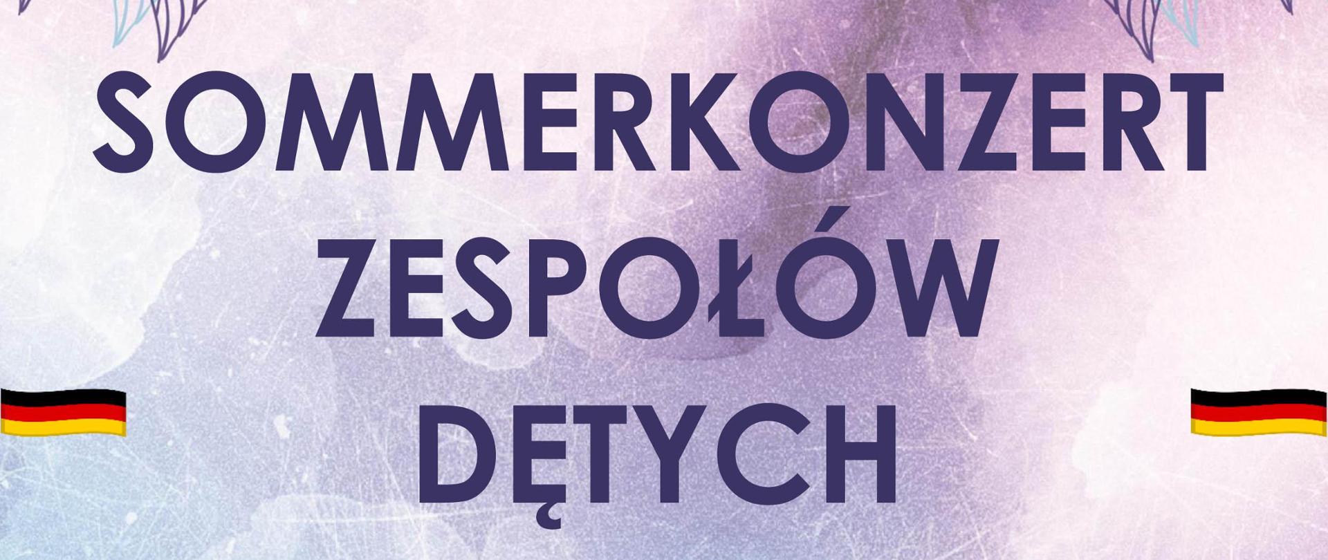 w dolnej i górnej części czarne kontury wąskich liści, po prawej i lewej stroni flagi Niemiec, całość na fioletowym tle