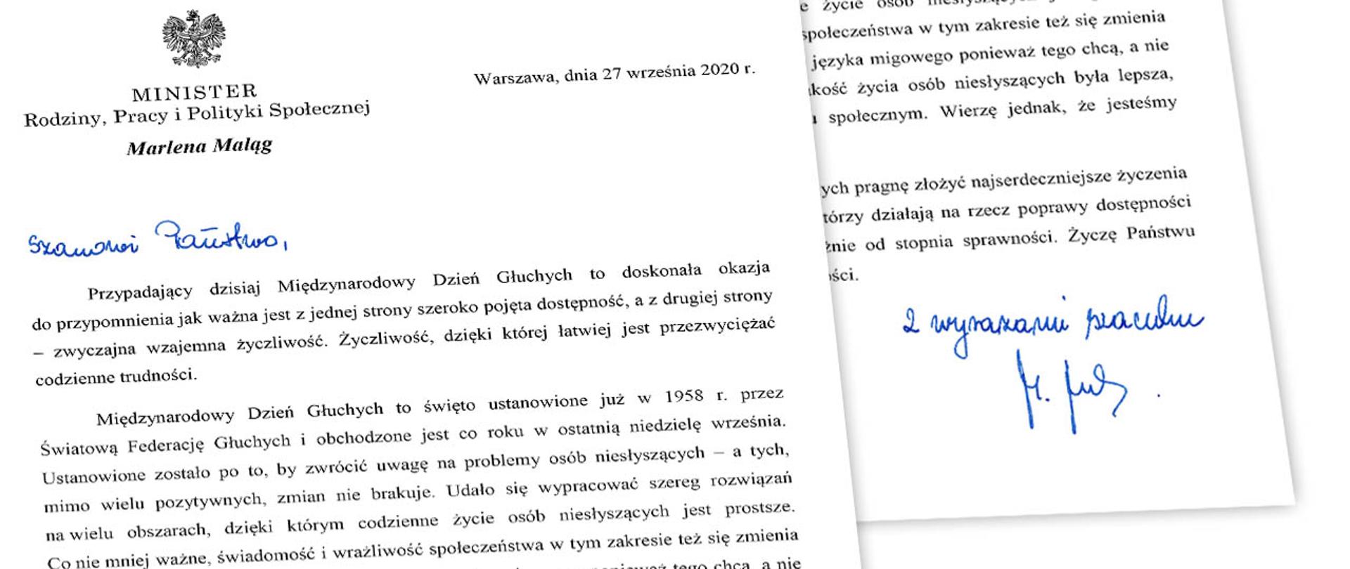 Fragment listu z życzeniami z okazji Międzynarodowego Dnia Głuchych