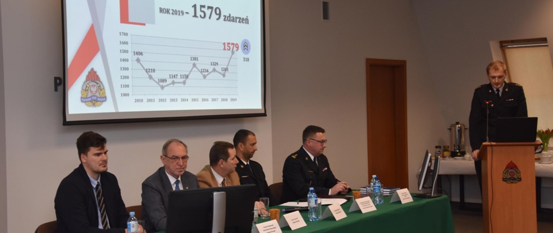 Kpt. Rafał Napiórkowski przedstawia prezentację dotyczącą ilości zdarzeń w roku 2019.