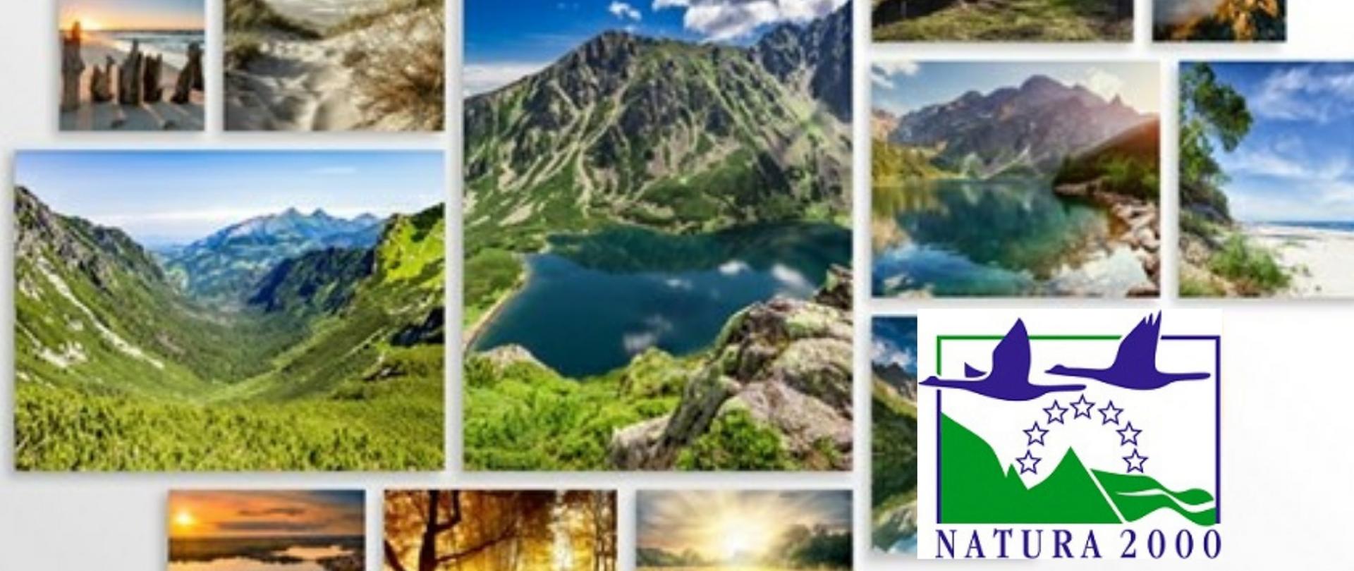 Kolaż zdjęć złożony z kwadratowych fotografii z różnymi krajobrazami, między innymi widok gór, morza. Dodatkowo zamieszczony logotyp z napisem natura 2000.