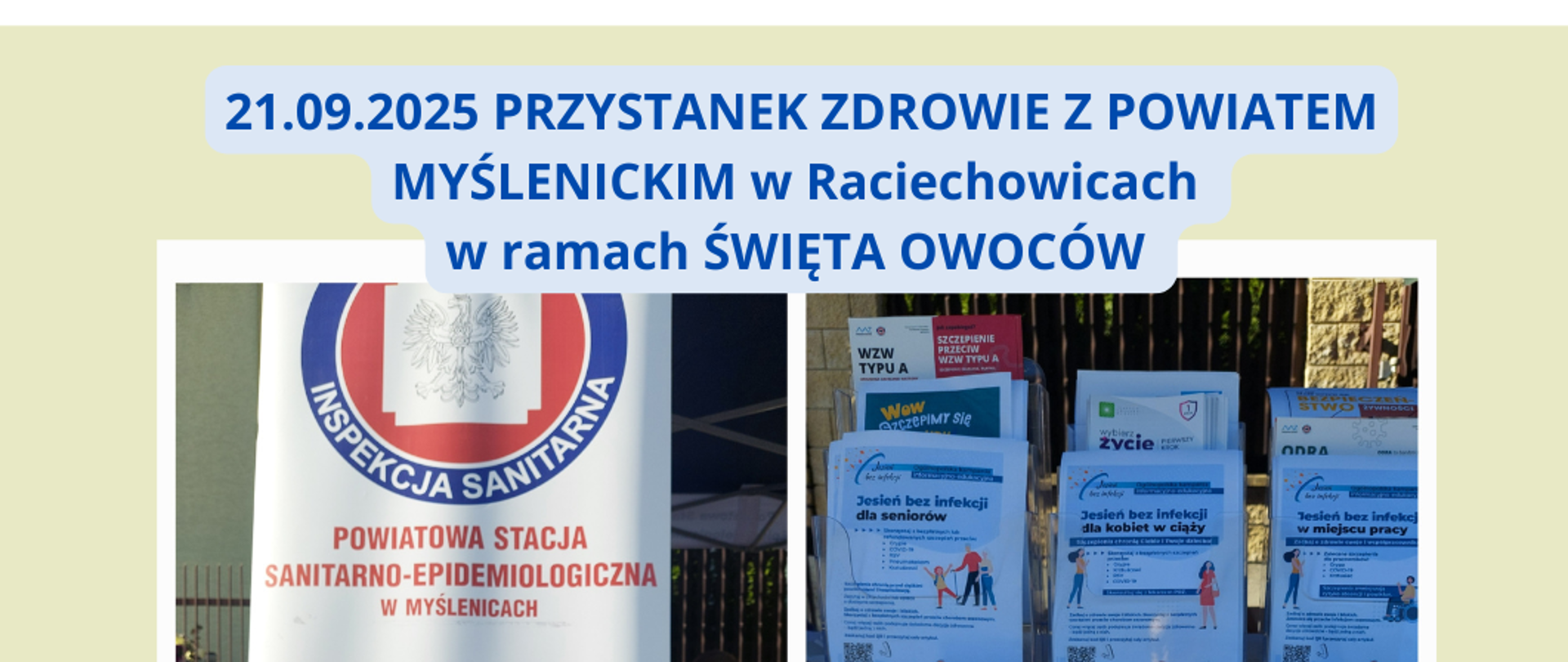 Ulotki, baner, kredki przy namiocie edukacyjnym podczas Przystanku Zdrowie w Raciechowicach 