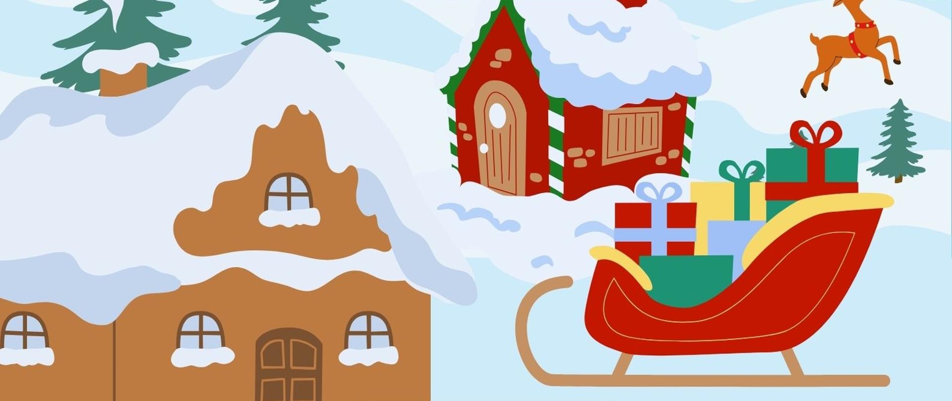 Plakat informuje o koncercie:" Muzyka na święta i nie tylko". Obraz -rysunek zimy z mikołajem reniferami. Kolorowe napisy zielone czerwone i czarne. Na środku na czarnym tle białe napisy informujące o dacie ,godzinie i miejscu konceru