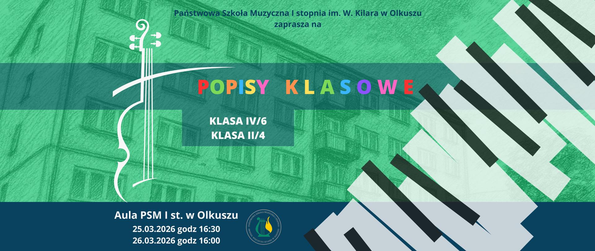 zielone tło, widoczny budynek szkoły, granatowy pas na dole, logo i napisy, z prawej strony narysowane klawisze, kolorowy napis główny