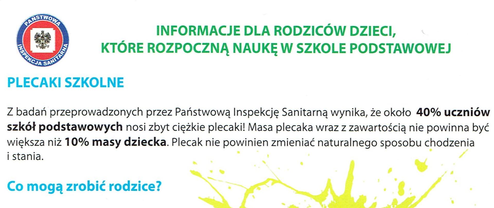 Zdjęcie zawiera informacje dla rodziców dzieci, które rozpoczynają naukę w szkole podstawowej.