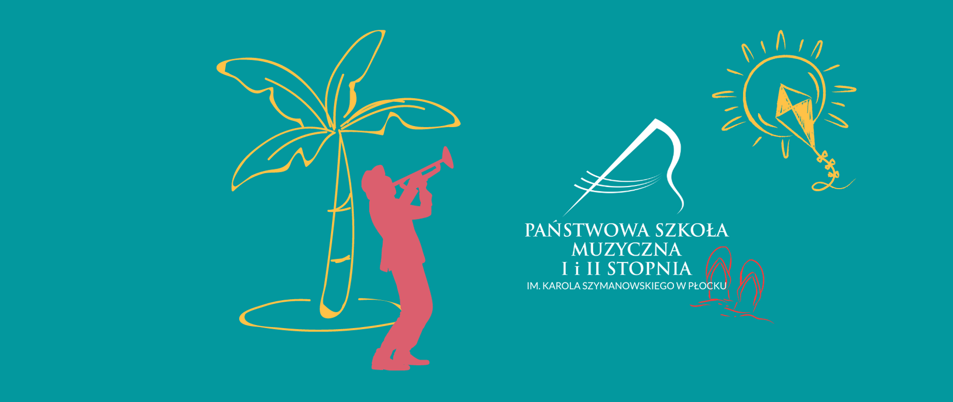 Zarysy człowieka z trąbką przy palmie oraz logo strony usytuowane po prawej stronie grafiki