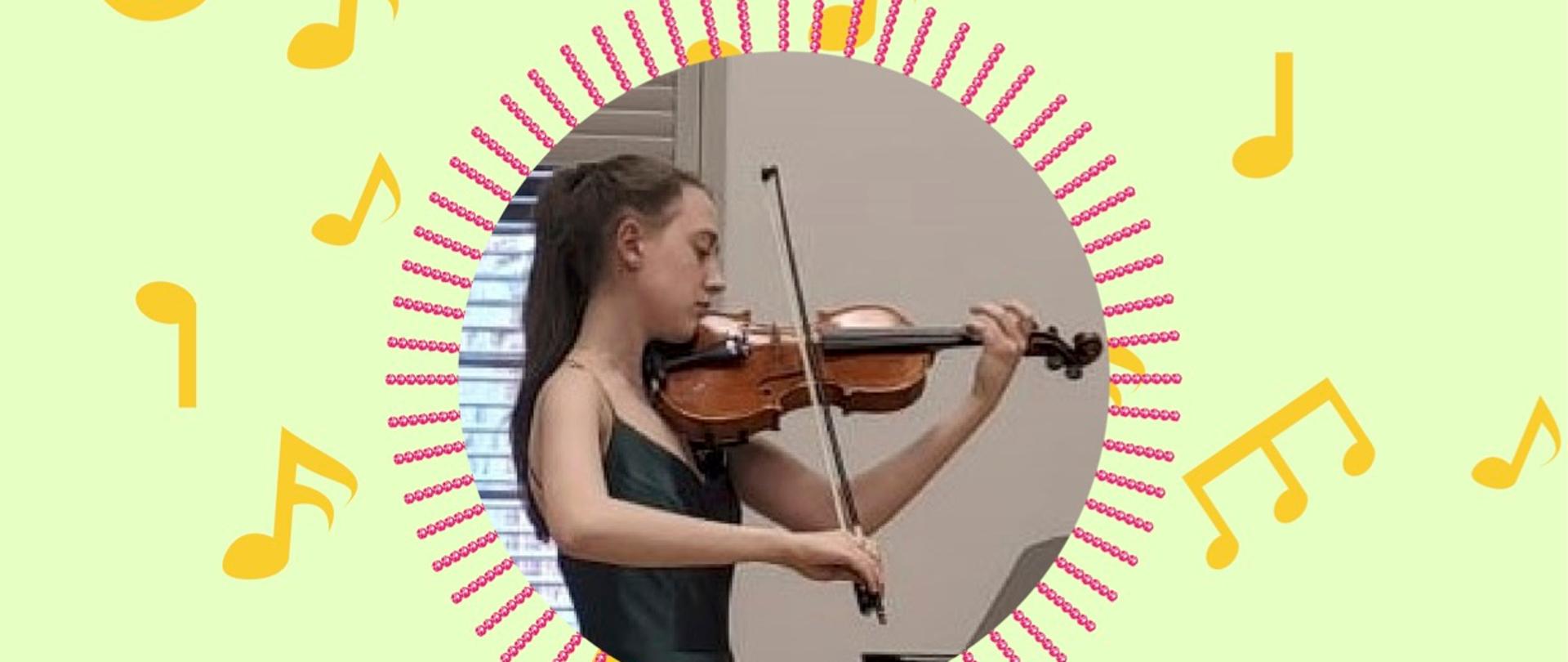 Na jasnozielonym tle symbole żółtego nut i klucza wiolinowego. W lewym górnym rogu logo Stowarzyszenia im. Jadwigi Kaliszewskiej, poniżej nazwa konkursu. W centralnej części dyplomu zdjęcie Katarzyny Kurczewskiej ze skrzypcami, podczas gry. Na dole podpisy Jury.