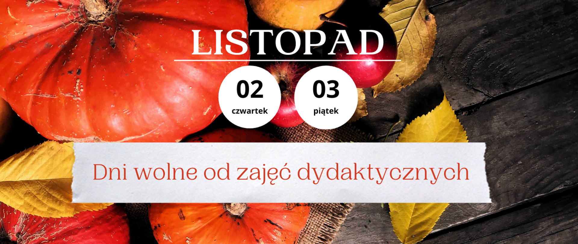 Tło obrazka to owoce jesieni w postaci dyni, jabłek i kolorowych liści. W centralnej części obrazka u góry podkreślony biały napis: "listopad", poniżej dwa białe kółka, a w nich napis: "02 czwartek" i "03 piątek". Na końcu na szarym pasku czerwony napis: "Dni wolne od zajęć dydaktycznych".