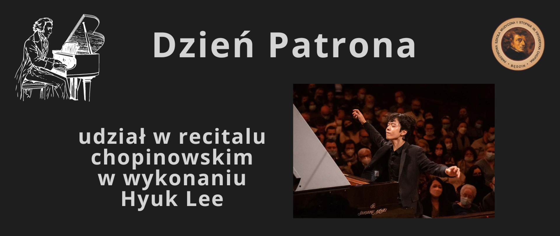 czarny baner ze zdjęciem pianisty, logo szkoły, ikona Chopina
