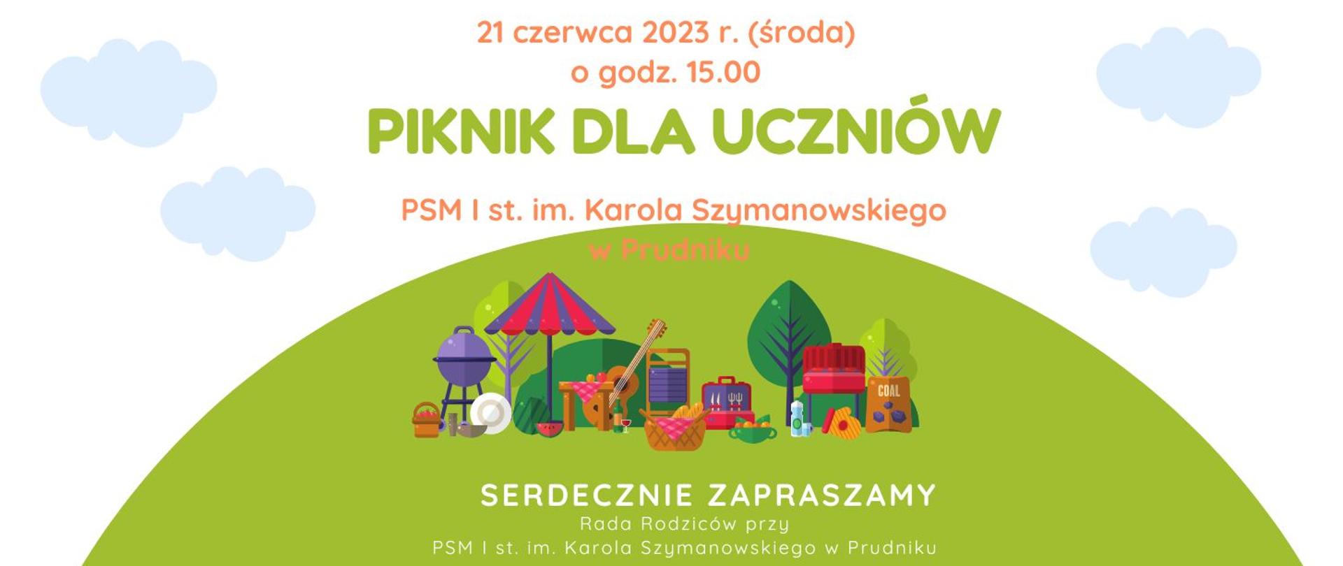 Baner z informacją o pikniku dla uczniów szkoły muzycznej. Na zielonej trawie sprzęty piknikowe.