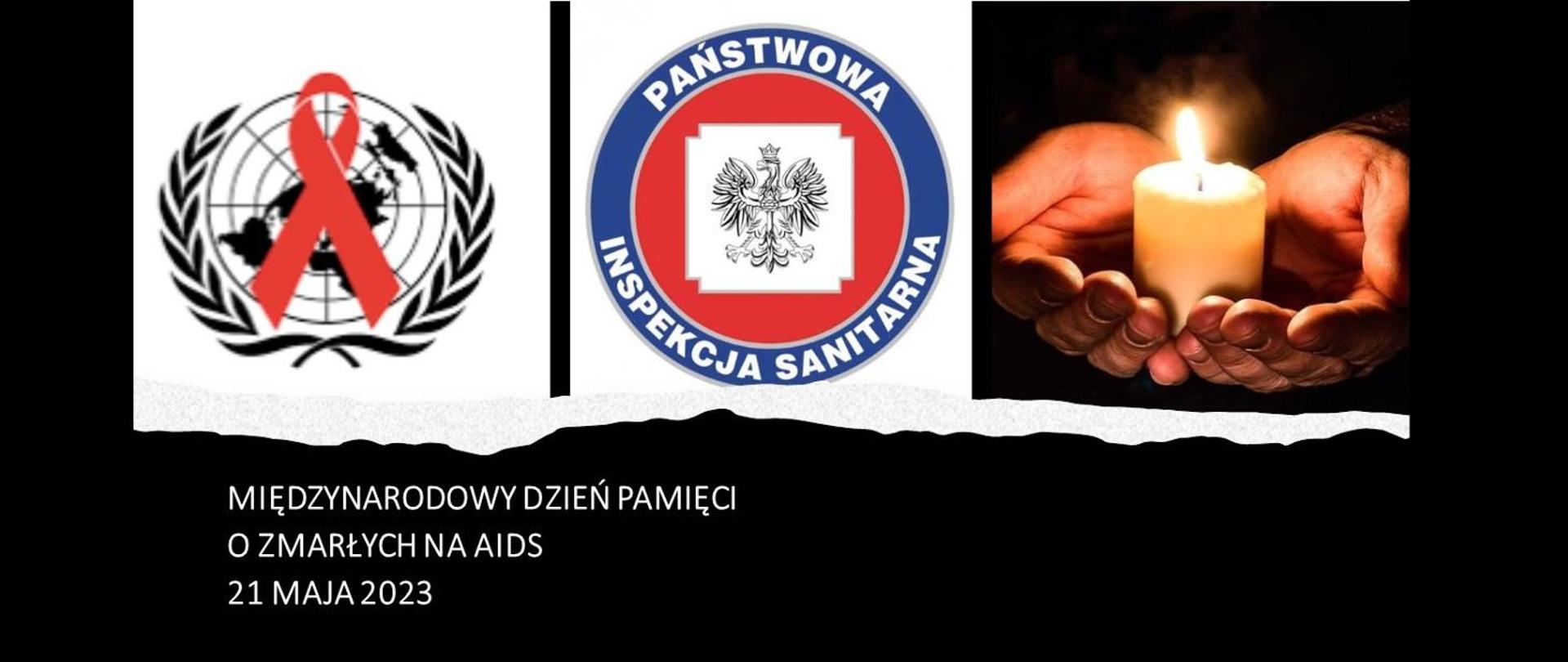 po prawej stronie dłonie trzymające zapaloną jasnym płomieniem świece. Po lewej stronie Logo symbolu Międzynarodowego dnia AIDS. Czerwona wstążka. Na środku logo Państwowej Inspekcji Sanitarnej.