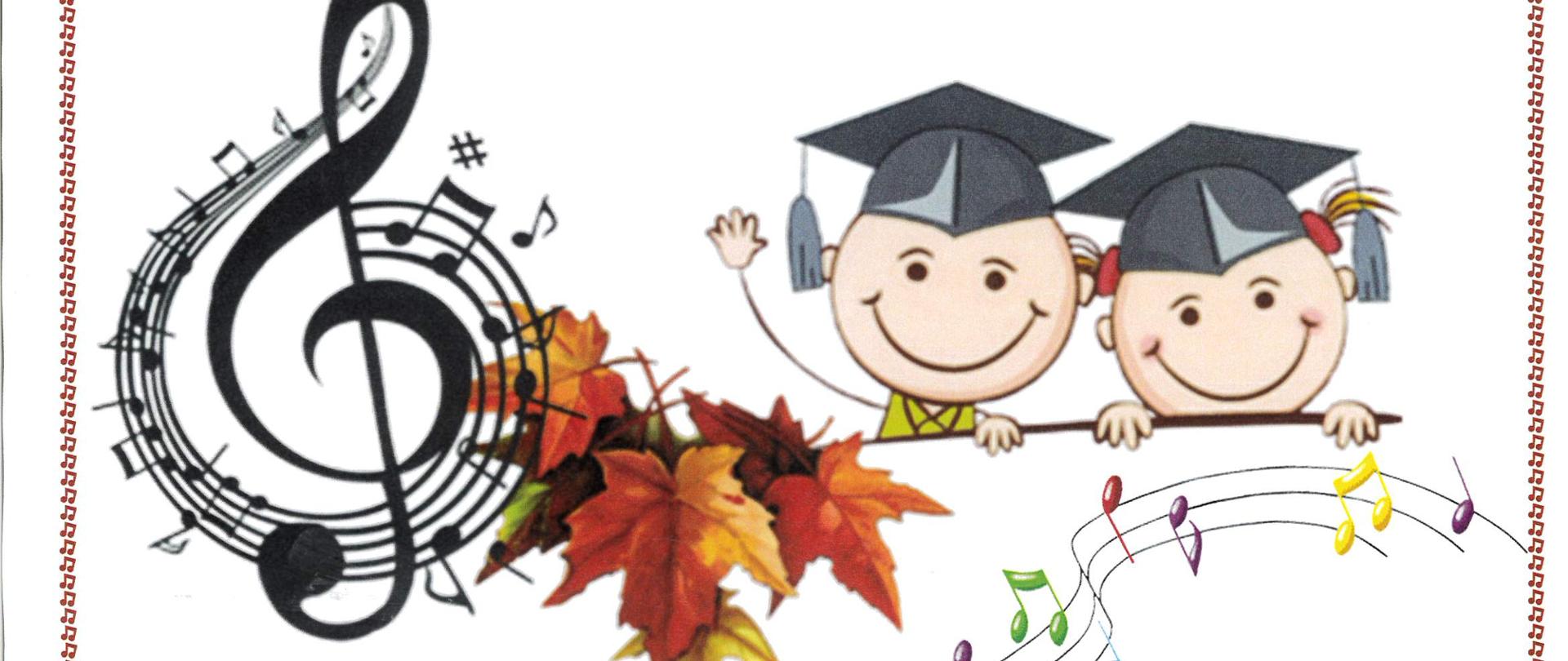 plakat na białym tle, od góry wyśrodkowana w kolorze czarnym pełna nazwa szkoły, poniżej grafika z lewej strony klucza wiolinowego ze spiralnie unoszącą się pięciolinią z nutami, po środku liście w jesiennych barwach, z lewej strony uśmiechnięte buzie dzieci. pod grafiką nazwa i data wydarzenia