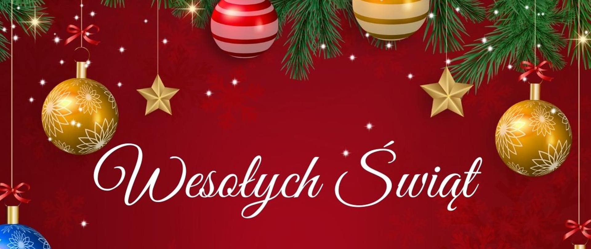 Plakat w kolorze czerwonym, u góryfragment choinki z bombkami świątecznymi - treść WESOŁYCH ŚWIĄT poniżej Niech się spełnią świąteczne życzenia, te łatwe i te trudne do spełnienia, te duże i te małe, te mówione głośno lub wcale. Niech się spełnią krok po kroku w nadchodzącym Nowym Roku.Poniżej ornamen i napis Życzymy
zdrowych, spokojnych i rodzinnych Świąt Bożego Narodzenia