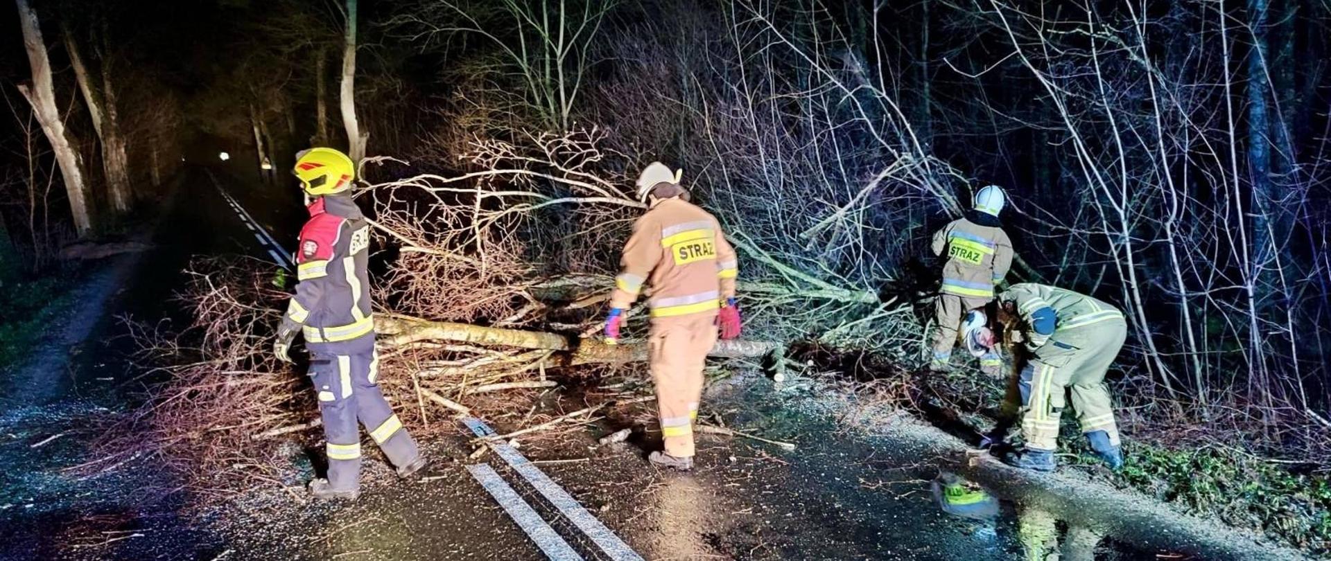 Zdjęcie przedstawia strażaków podczas usuwania powalonego na drogę drzew. Strażacy umundurowani w hełmach. Na drodze powalone i pocięte drzewo.