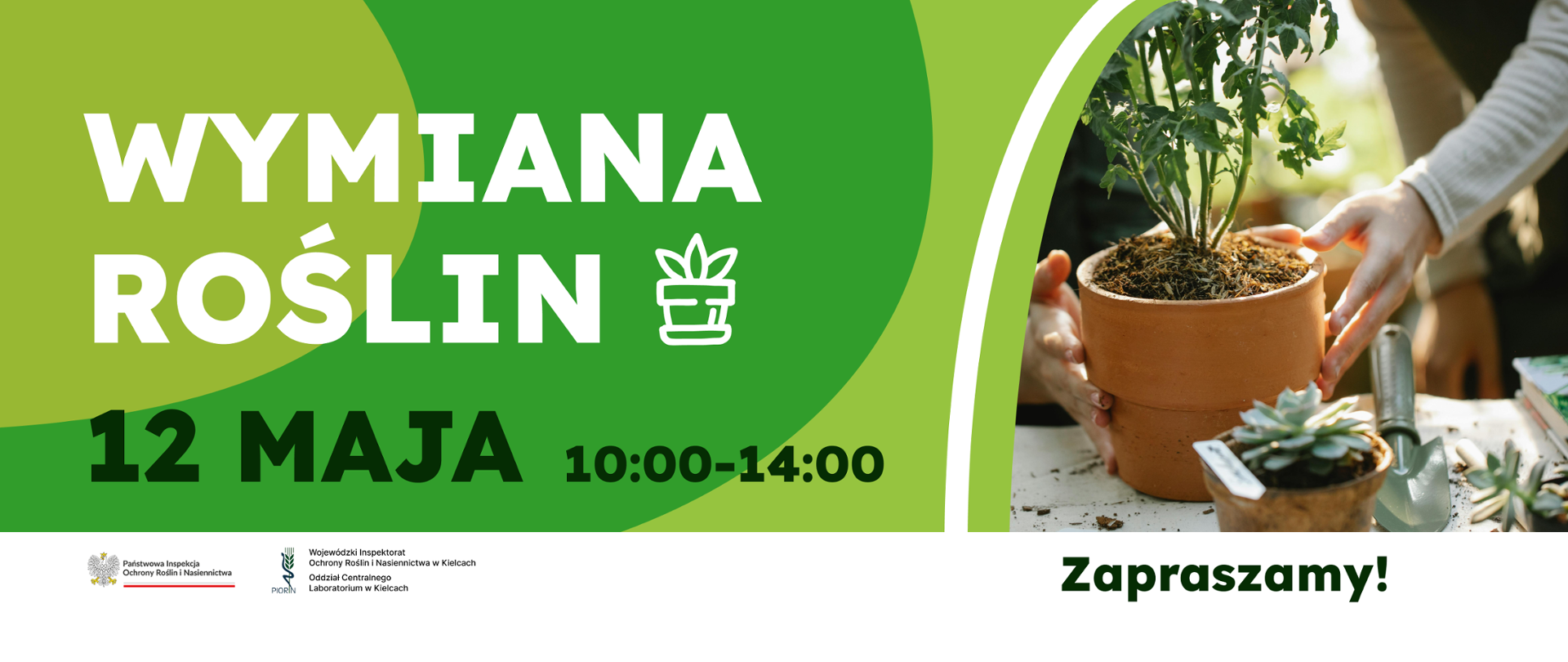 Zdjęcie przedstawia zaproszenie na wydarzenie które odbędzie się 12 maja 2025 r. w siedzibie Wojewódzkiego Inspektoratu Ochrony Roślin i Nasiennictwa w Kielcach. Zawiera datę i godziny 10.00-14.00. Po prawej stronie obrazka znajduje się fotografia przedstawiająca dwie doniczki z roślinami ozdobnymi.