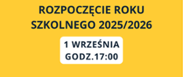 Na żółtym tle u góry napis Państwowa Szkoła Muzyczna I stopnia w Sieradzu zaprasza na. Pod napisem grafika klawiszy, saksofonu i mikrofonu. Poniżej napis: rozpoczęcie roku szkolnego 2025/2026, niżej na białym tle: 1 września, godzina 17:00. Na samym dole: Teatr Miejski w Sieradzu.