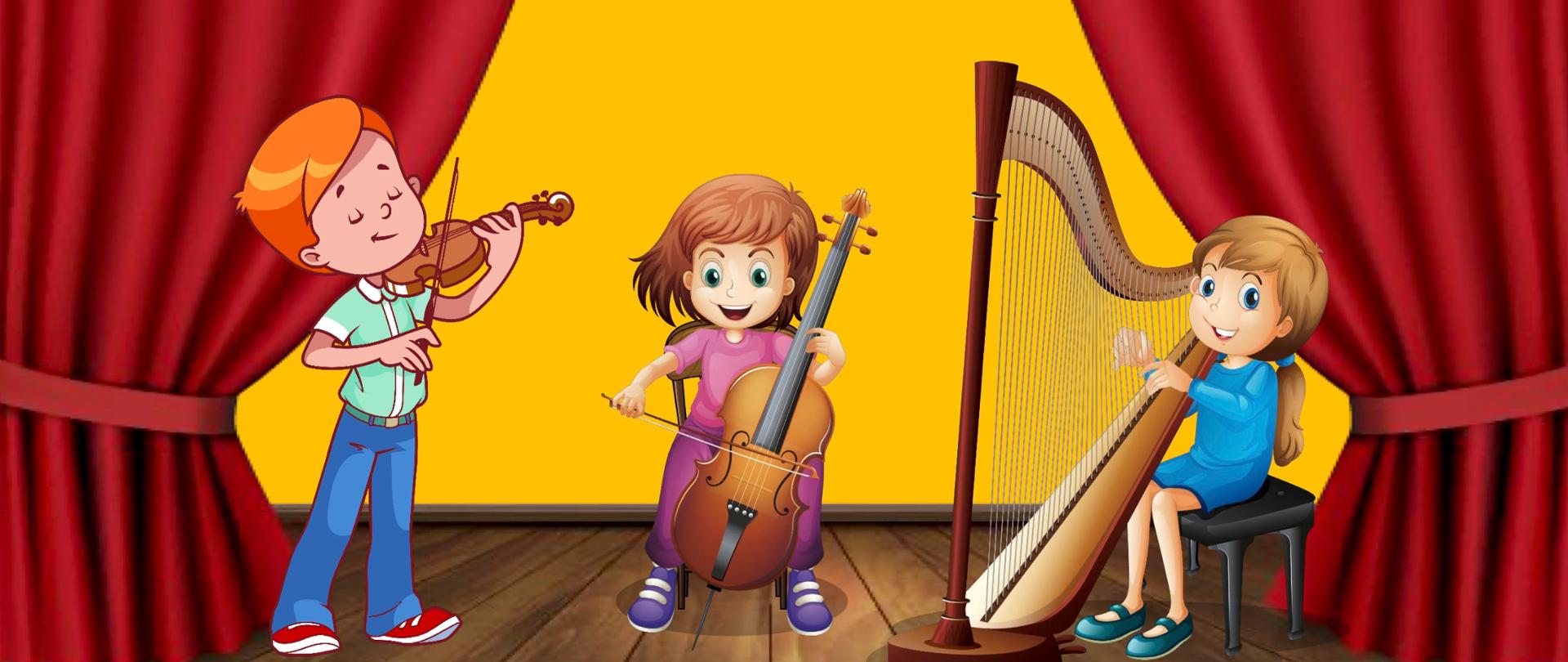 plakat przedstawia w centralnej części duże ikony dzieci grających na skrzypcach, wiolonczeli i harfie. Tekst debiuty młodych smyczkowców i harfistów na żółtym tle.